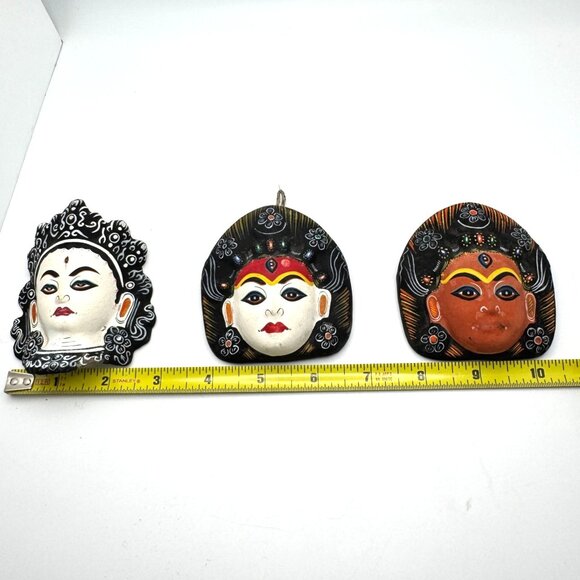 Tibetan Handcrafted Clay Masks Set of 3 Intricate Designs Vibrant Colors - Picture 2 of 9